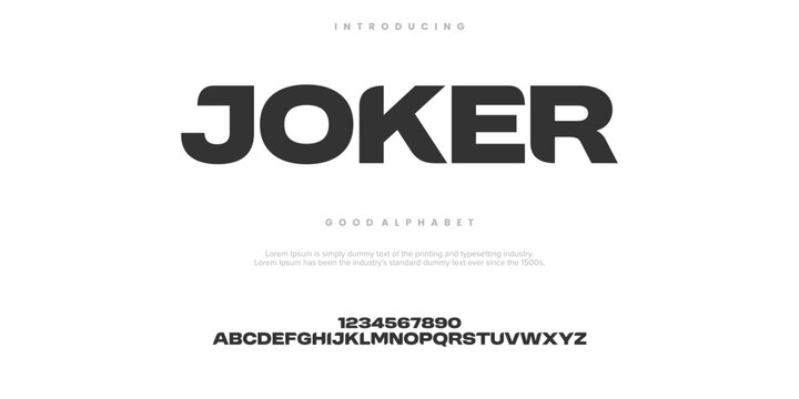 Joker futuristic minimalist display font design, alphabet, typeface, letters and numbers, typography.