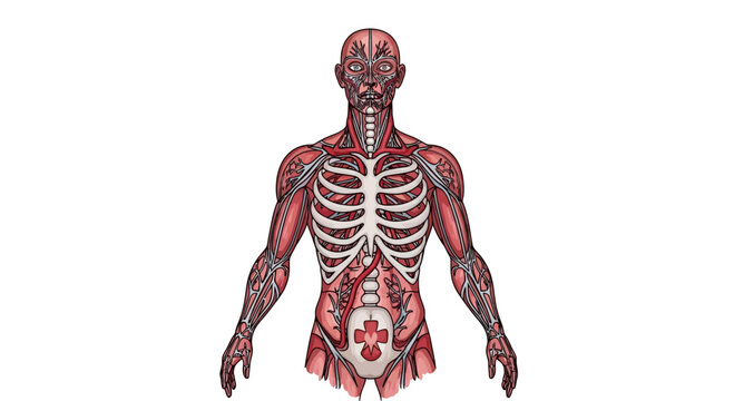 Anatomical illustration of the human muscular system and skeleton