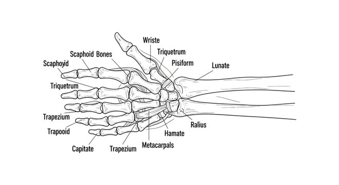 Anatomical Illustration of the Human Wrist and Hand Bones with Labels