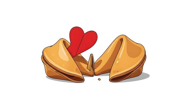 Broken fortune cookie with a red heart inside representing romantic destiny