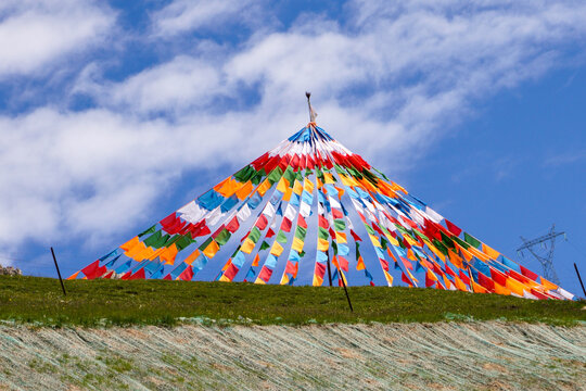 The prayer flags fluttered in the wind on Gannan grassland in China.