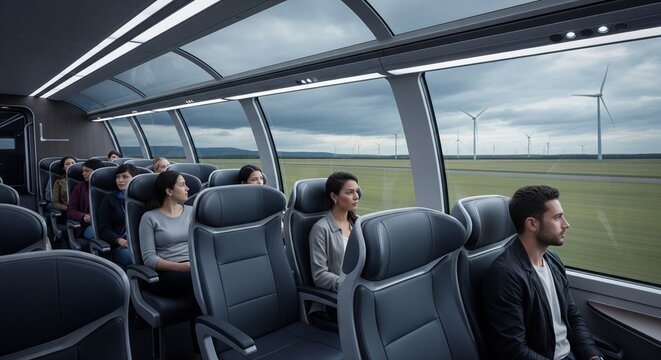 Passengers inside a modern train carriage with panoramic windows overlooking wind turbines and fields