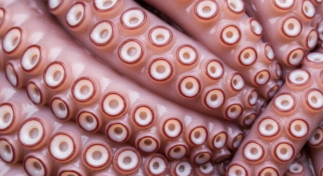 Close up of fresh raw octopus tentacles with suction cups