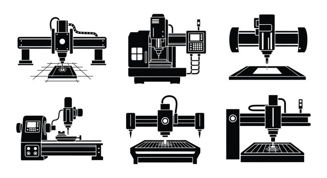 Flat vector illustration of industrial robotic arms and machines