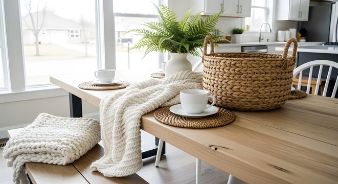 Cozy dining table setting with knitted blanket and basket