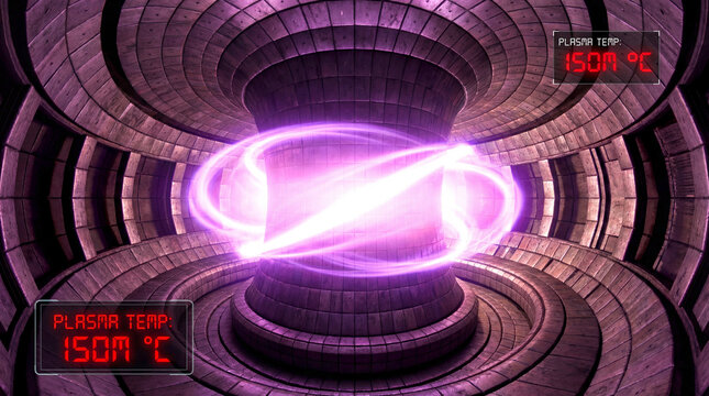 Interior view of a high-tech nuclear fusion reactor core containing superheated plasma.