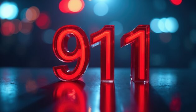 Red neon 911 numbers glow on dark reflective surface. Blurred city lights in background create bokeh effect. Emergency response concept for police medical fire services.