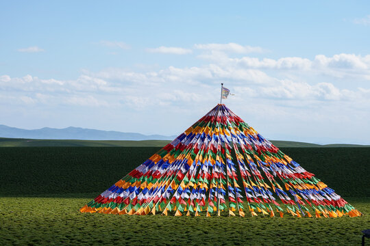 The prayer flags fluttered in the wind on Gannan grassland in China.