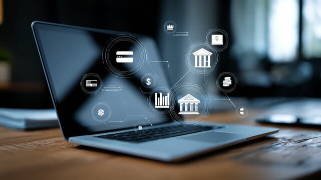 Digital Finance Gateway: A modern laptop serves as the focal point, displaying interconnected financial symbols, representing the dynamic digital landscape of modern banking and finance.