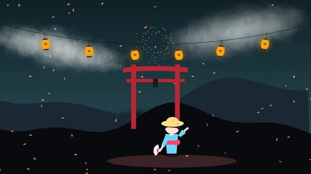 Animated traditional Japanese night festival featuring a dancing figure in a kimono, a red torii gate, glowing lanterns, falling cherry blossom petals, and fireworks.