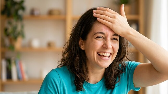 Laughing Young Woman with Hand on Forehead Realizing a Mistake or Remembering Something in a Living Room