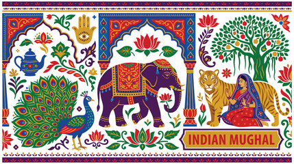 Ornate indian mughal style artistic illustration with cultural icons theme. © Ojufa