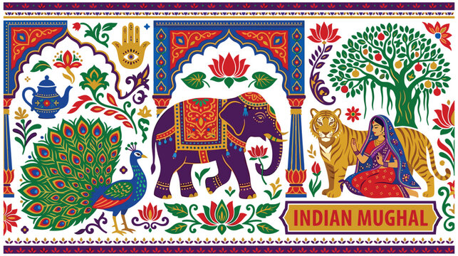 Ornate indian mughal style artistic illustration with cultural icons theme.