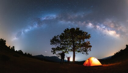 Fototapeta premium Enchanting night sky panorama reveals the majestic Milky Way arching over a serene campsite, with intrepid adventurers embracing the cosmic wonder beneath a grand tree
