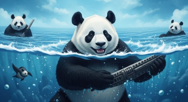 Playful Panda Bears Enjoying a Refreshing Swim in the Ocean.
