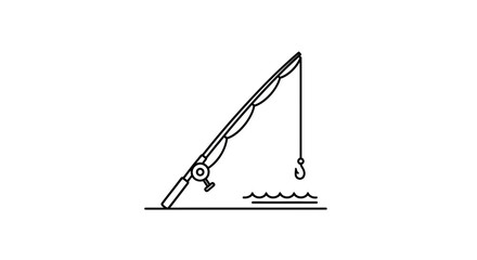 Fototapeta premium Fishing rod with hook and line over water, minimalist line art icon