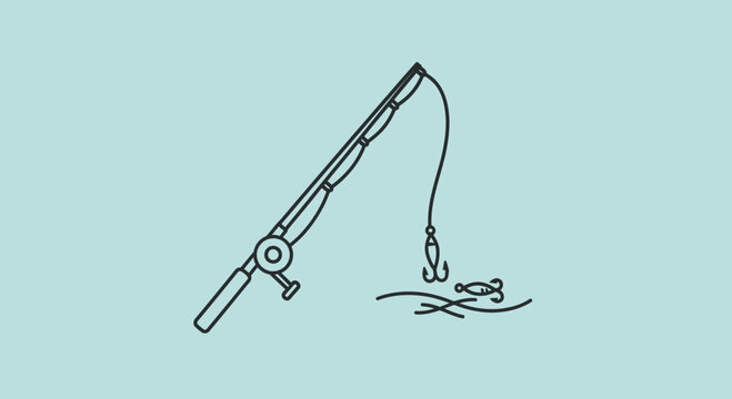 Fishing rod with hook and lure, illustration on a light blue background