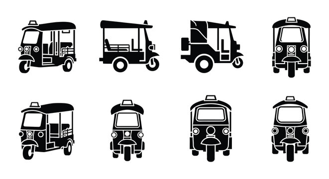 Tuk tuk silhouettes set of black vector auto rickshaws on white background