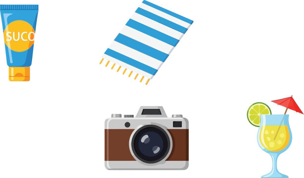 Flat of sunscreen tube, striped towel, camera, and cocktail on white background, lotion cream suco
