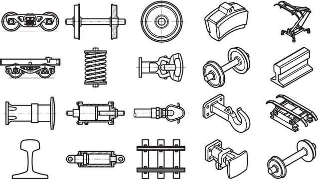A detailed and illustrative outline of assorted train parts, a fascinating assembly that brings together various components to create a functional transport system. 