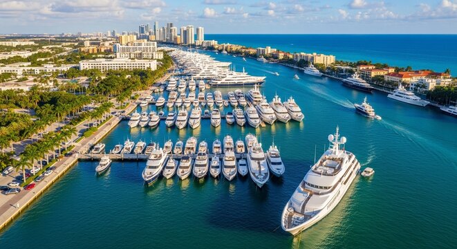 Aerial view of luxurious white yachts docked in Miami harbor with blue water and modern city skyline at daytime in sunny Florida