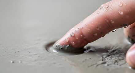 Fototapeta premium Close-up of a human finger touching wet grey clay or cement surface