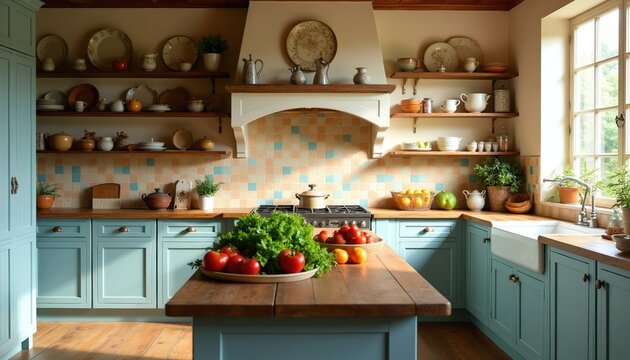 Light country kitchen with pastel tiled backsplash and blue cabinets. Wooden counters hold fresh vegetables, pots and plates. Sunlight streams through window.