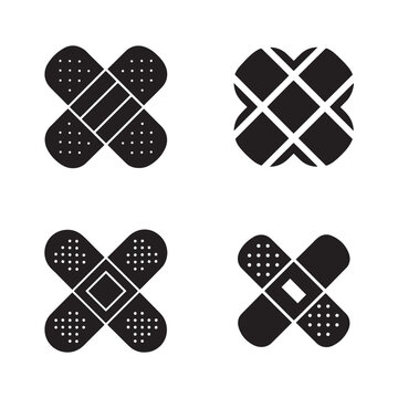 Four different band aid icons in black and white on a white background for medical or health concepts  medical symbols