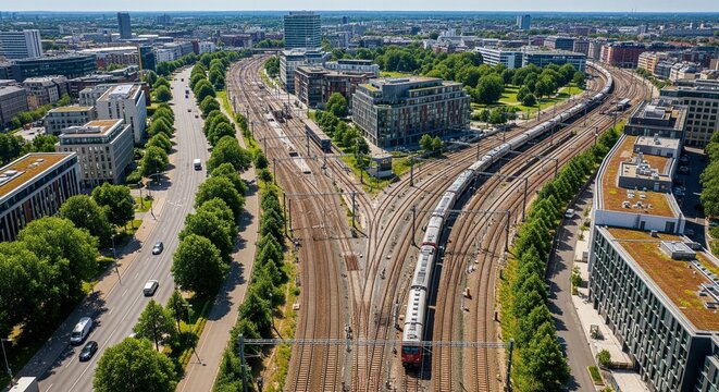 Aerial view of modern train on railway tracks with multiple junctions in urban setting amidst green trees and contemporary buildings