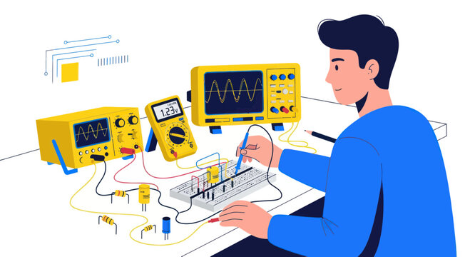 Young man experimenting with electronics, circuit board, oscilloscope, multimeter