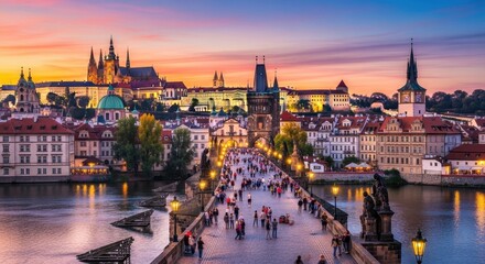 Fototapeta premium Prague Cityscape at Sunset with Charles Bridge and Vltava River.