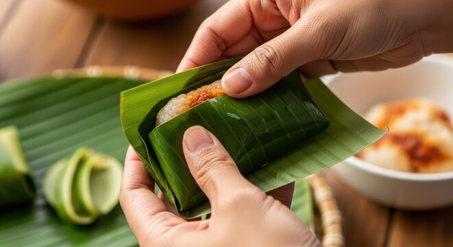 Wrapping Indonesian Lemper Sticky Rice Snack in Banana Leaf.
