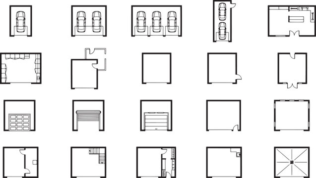 Architectural blueprints and overhead views of car garages showcase diverse designs and layouts, offering a glimpse into building structure and urban planning.