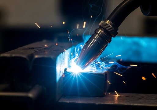 Close-up of industrial metal welding process with bright blue arc and sparks