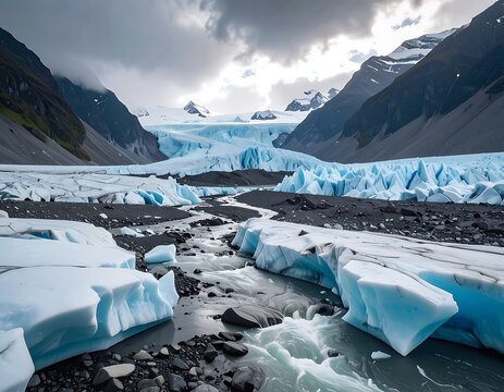 Glacier ice chunks in mountain valley.