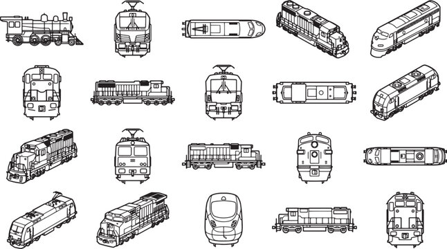 Diverse assortment of detailed train drawings, showcasing varied types in different angles. These detailed line art of trains are perfect for adding a touch of elegance to any design. 