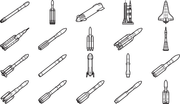 A detailed collection of rocket and space shuttle illustrations in a technical monochrome style, showing various designs and stages, perfect for educational or engineering purposes.
