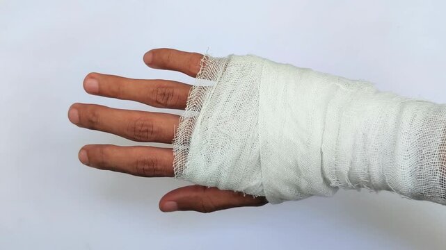 Hand wrapped in white medical bandage, first aid for injury, wound care and health recovery concept