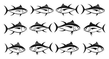 Fototapeta premium Seamless pattern of stylized tuna fish swimming in neat rows, perfect for aquatic-themed backgrounds, textile designs, or educational marine animal illustrations