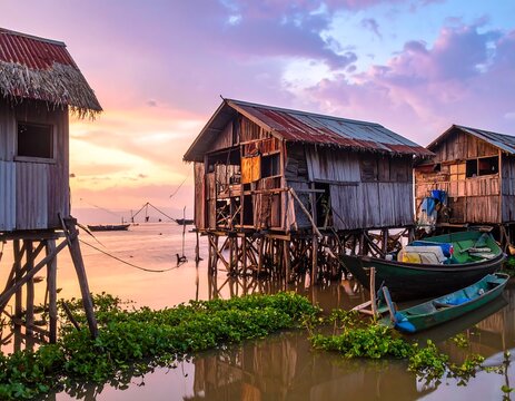 Picturesque floating village at sunset, showcasing rustic stilt houses on the water