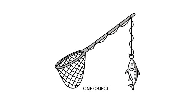 Fishing net with a caught fish hanging from the line, illustration