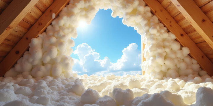 Textured spray foam insulation covers attic space framing a bright sky with clouds. Highlights modern energy-efficient home construction materials and methods.