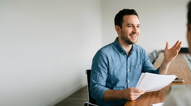 Man Smiling While Gently Holding Silver Laptop at Desk with Clean Negative Space Soft Light Office Background Professional Portrait Emphasizing Relaxed Work Environment papers shirt smile angle