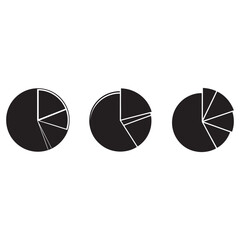 Three black pie charts with different segment sizes on white background business data visualization