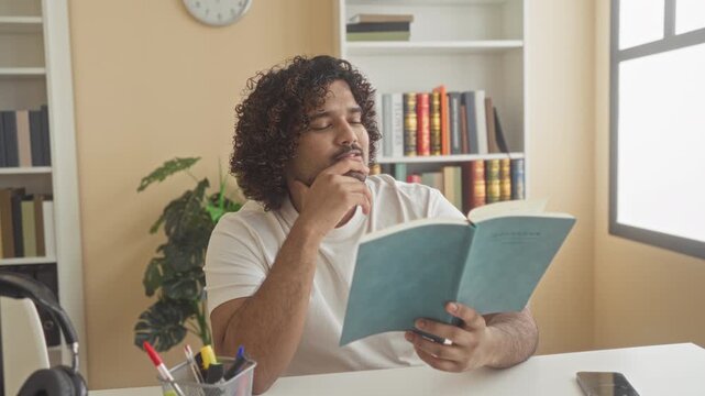 Man reading a paperback book, smiling and turning a page at a desk in a library building with bookshelves and a plant; serenity.