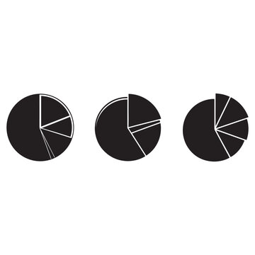 Three black pie charts with different segment sizes on white background  business data visualization