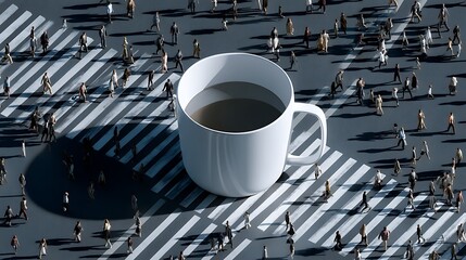 Fototapeta premium Large Coffee Cup Overcrowded Street Crossing with People and Shadows