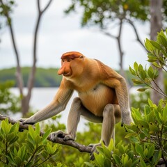 Naklejka premium Proboscis Monkey Perched on a Branch in Borneo Rainforest.