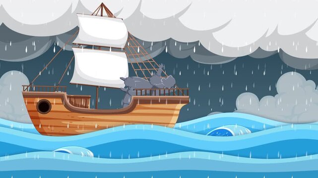 Jonah and the whale biblical animation during heavy ocean storm with huge fish swallowing man.