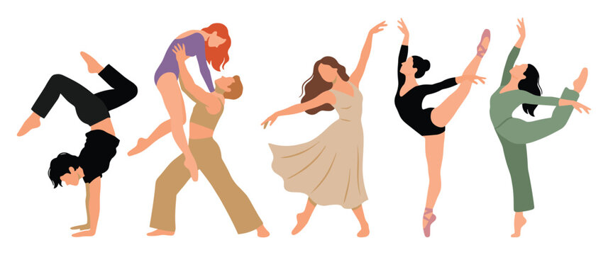 Set of modern dancers different styles isolated on white background flat illustration.